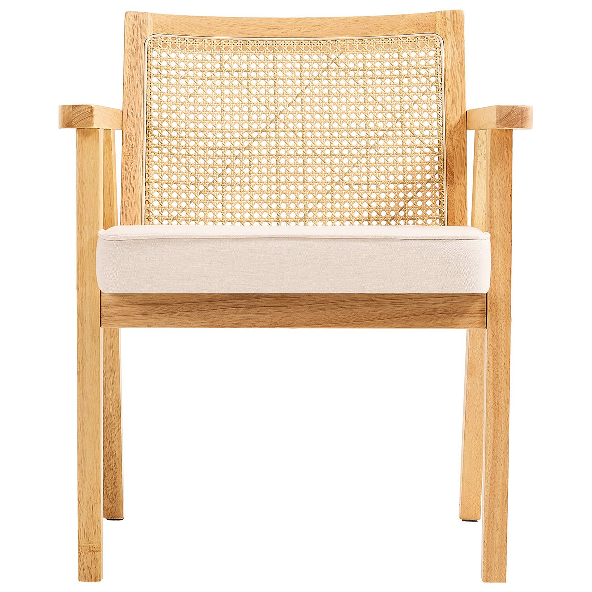 Rattan Dining Chair | Mid-Century Modern Armrest Chair with Upholstered Seat | Beige Retro Rattan Back for Dining, Living, Office
