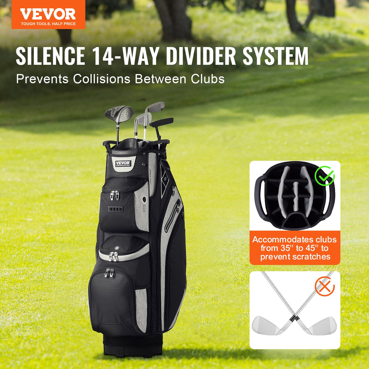 Golf Cart Bag 14-Way Divider | 13 Pockets | 600D Polyester | With Handles, Dust Cover & Detachable Straps | Black Colour-Block