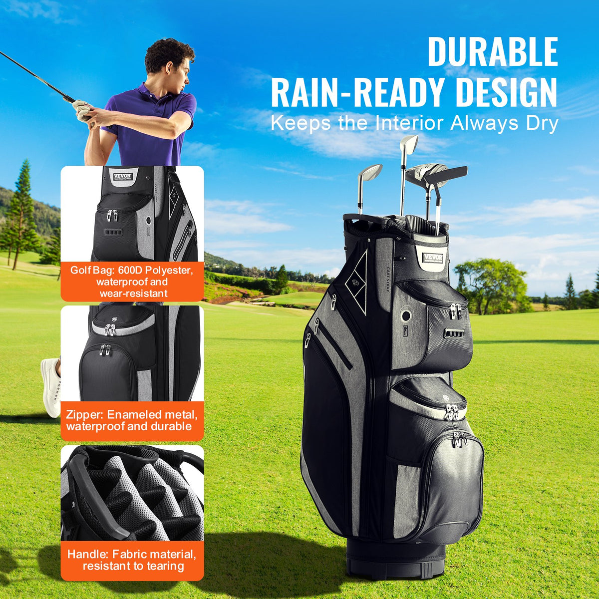Golf Cart Bag 14-Way Divider | 13 Pockets | 600D Polyester | With Handles, Dust Cover & Detachable Straps | Black Colour-Block