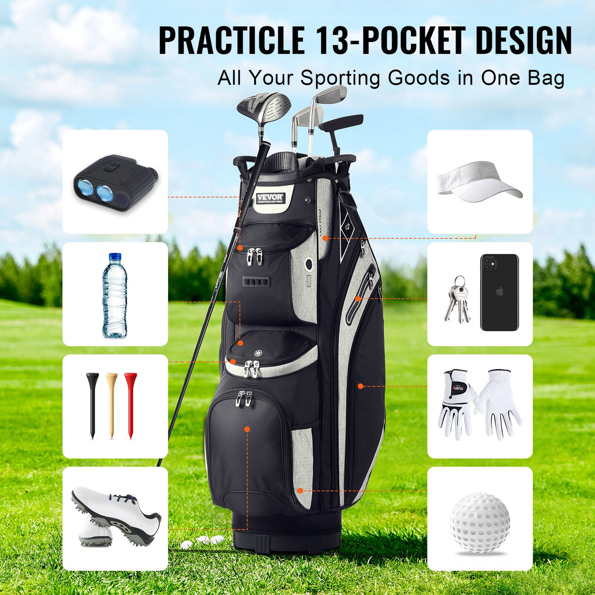 Golf Cart Bag 14-Way Divider | 13 Pockets | 600D Polyester | With Handles, Dust Cover & Detachable Straps | Black Colour-Block