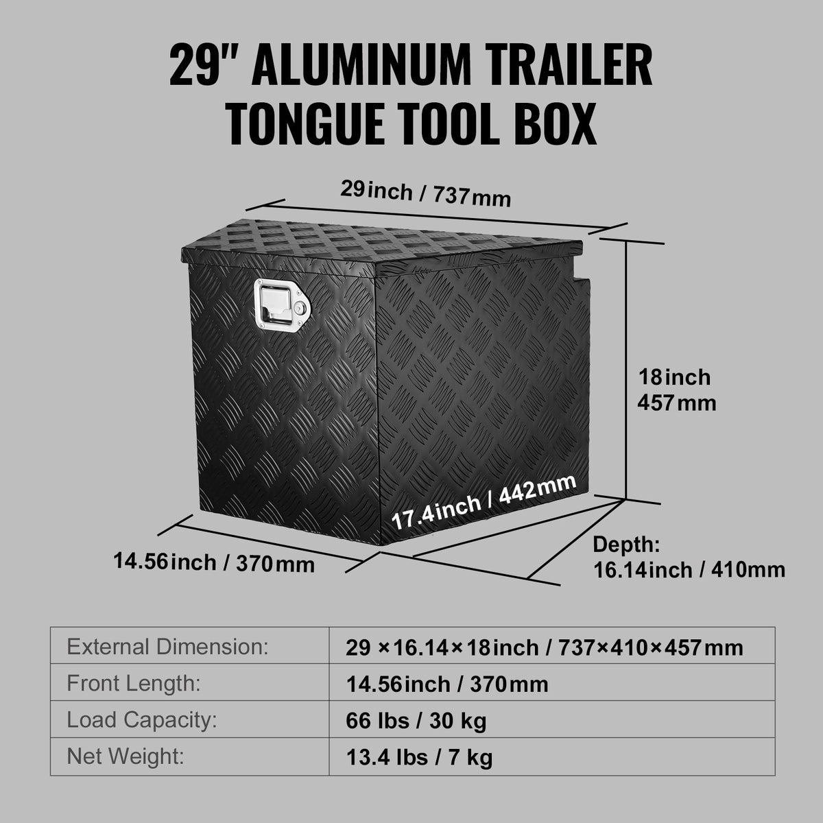 Trailer Tongue Box 29"x16.5"x18" | Aluminum Diamond Plate Tool Chest with Lock & Keys