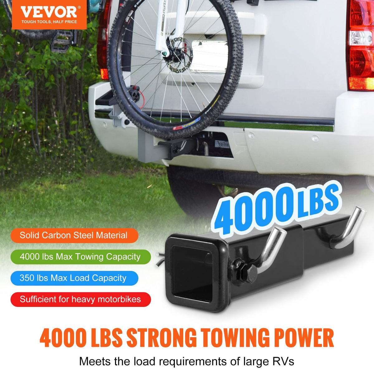 Trailer Hitch Extender 2" | 7" Extension Length | 4000lbs Towing Capacity | Includes Hitch Pins, Clips, Bolt & Nut | Black Powder Coated Steel
