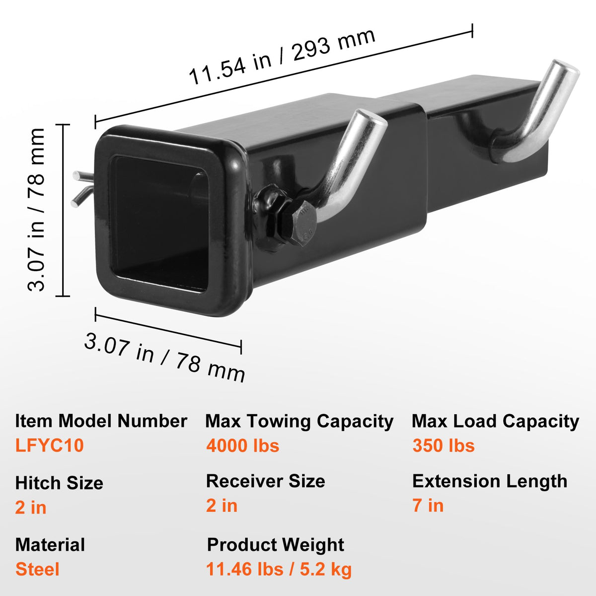 Trailer Hitch Extender 2" | 7" Extension Length | 4000lbs Towing Capacity | Includes Hitch Pins, Clips, Bolt & Nut | Black Powder Coated Steel