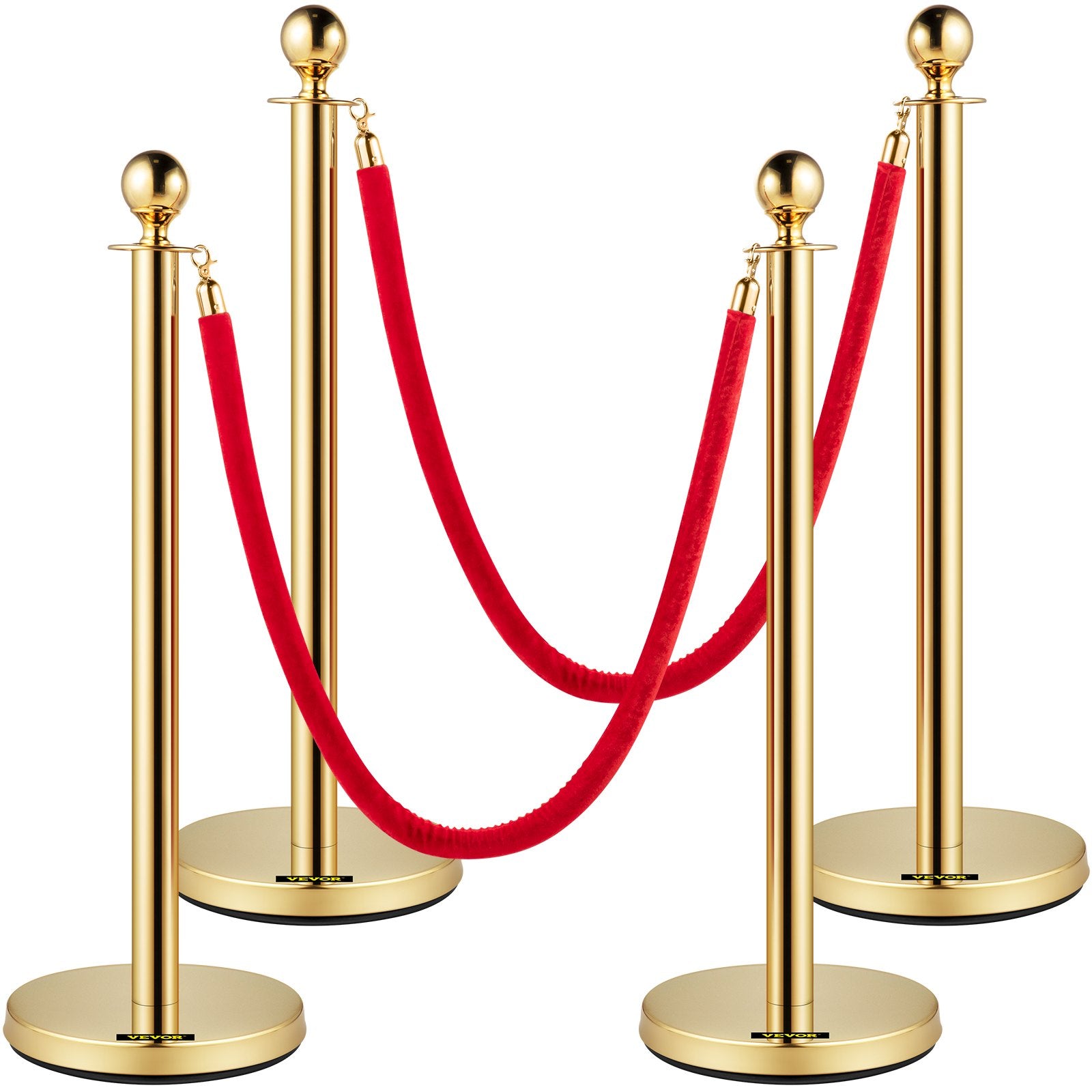 Velvet Ropes & Posts 4 Pack | 1.5m Red Rope with Stainless Steel Gold Stanchions & Ball Top | Queue Barrier for Events, Weddings & Theatres
