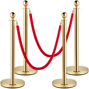 Velvet Ropes & Posts 4 Pack | 1.5m Red Rope with Stainless Steel Gold Stanchions & Ball Top | Queue Barrier for Events, Weddings & Theatres