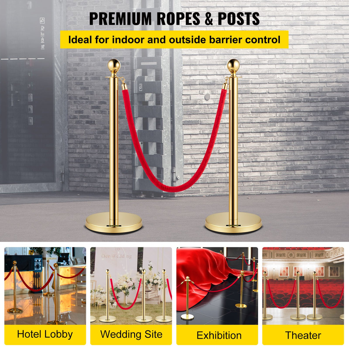 Velvet Ropes & Posts 4 Pack | 1.5m Red Rope with Stainless Steel Gold Stanchions & Ball Top | Queue Barrier for Events, Weddings & Theatres