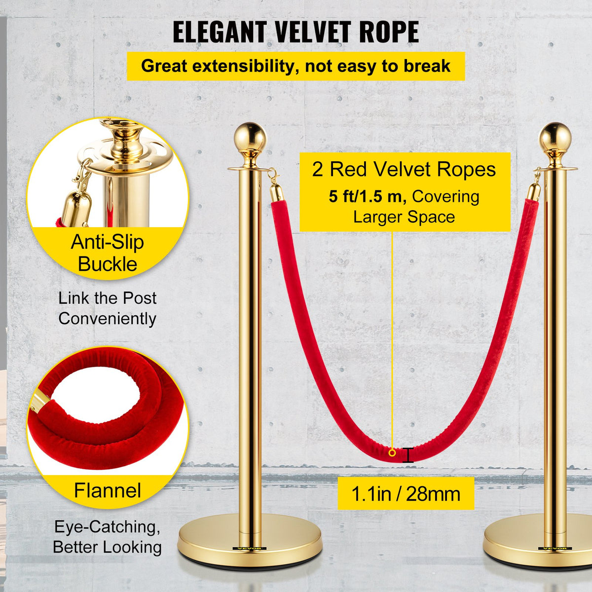 Velvet Ropes & Posts 4 Pack | 1.5m Red Rope with Stainless Steel Gold Stanchions & Ball Top | Queue Barrier for Events, Weddings & Theatres