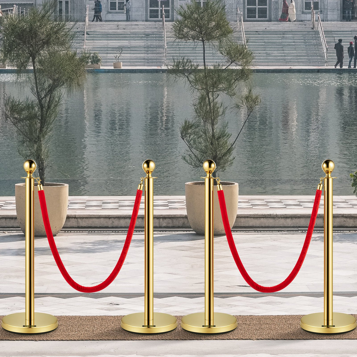 Velvet Ropes & Posts 4 Pack | 1.5m Red Rope with Stainless Steel Gold Stanchions & Ball Top | Queue Barrier for Events, Weddings & Theatres