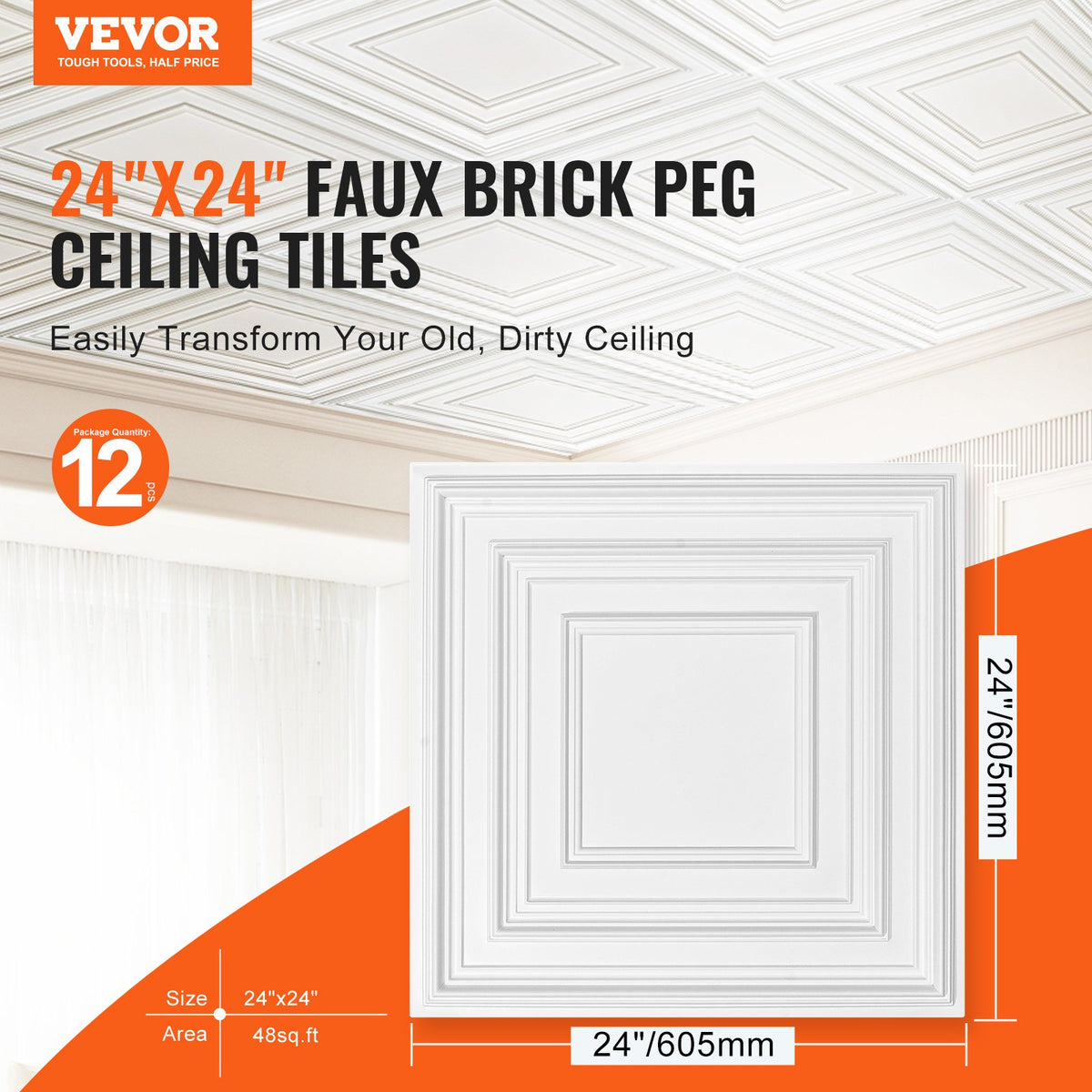 Ceiling Tiles | 12-Pack 24x24" PVC White Peg Pattern Panels