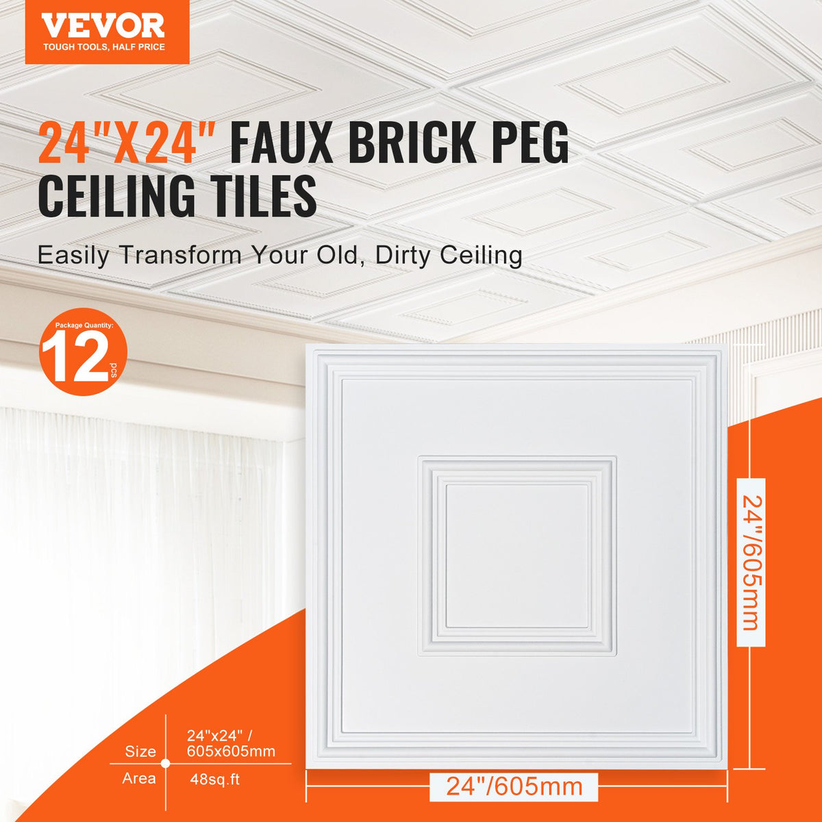 Ceiling Tiles 12-Pack | 24x24" PVC Glue-Up Panels | White Geometric