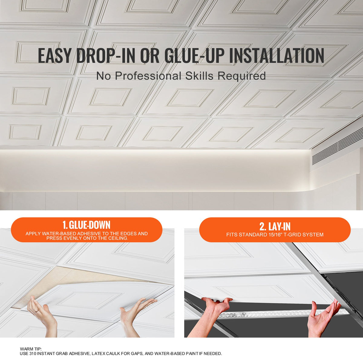 Ceiling Tiles 12-Pack | 24x24" PVC Glue-Up Panels | White Geometric