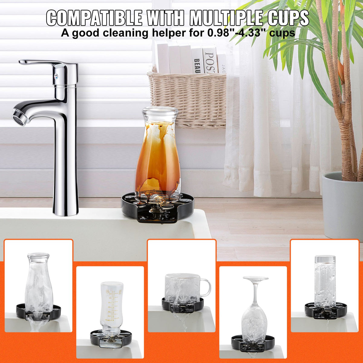 Glass Rinser | 10 Jet Rotating Cup Washer | 304 Stainless Steel Sink Accessory with Silicone Pad | For Baby Bottles, Glasses & Wine Glasses