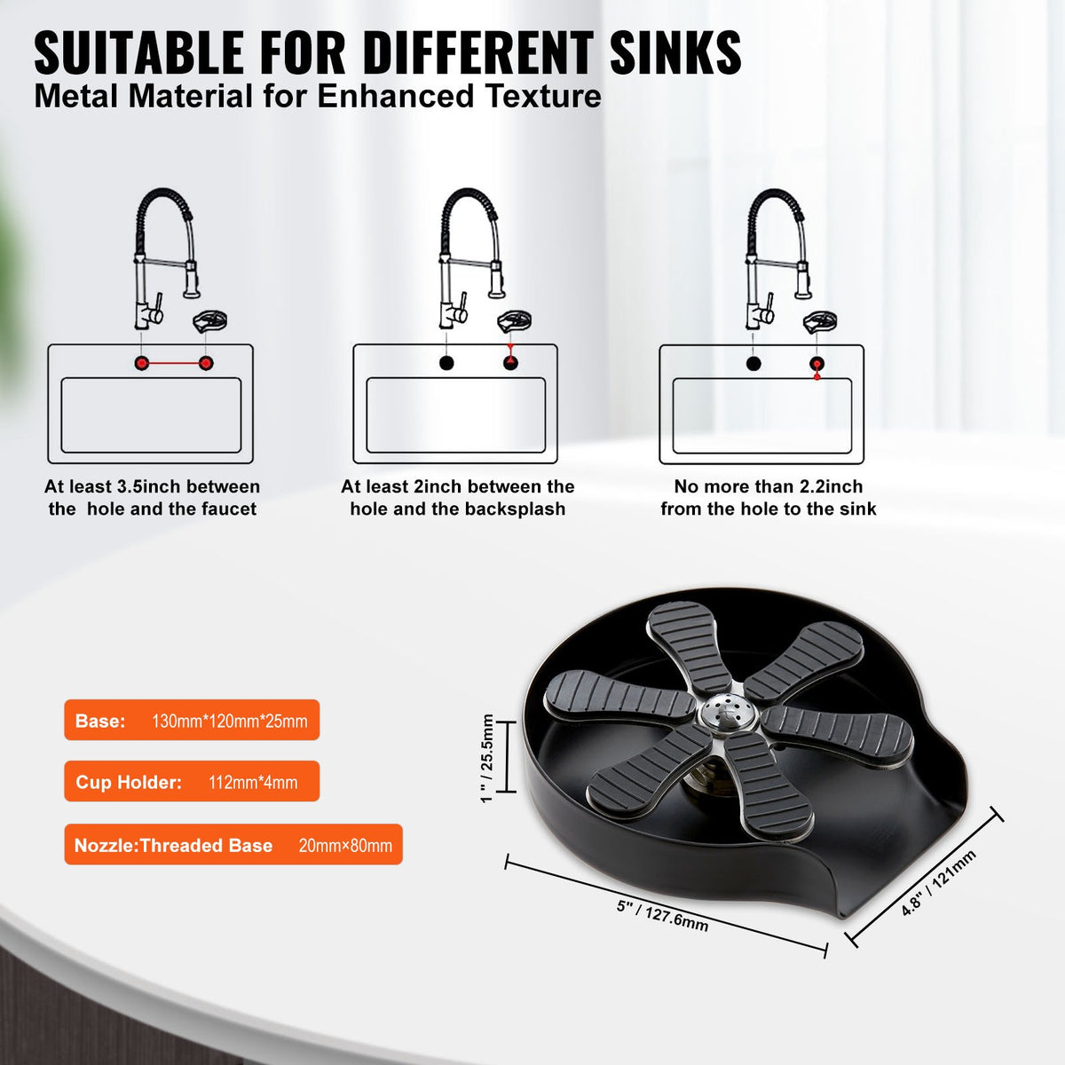 Glass Rinser | 10 Jet Rotating Cup Washer | 304 Stainless Steel Sink Accessory with Silicone Pad | For Baby Bottles, Glasses & Wine Glasses