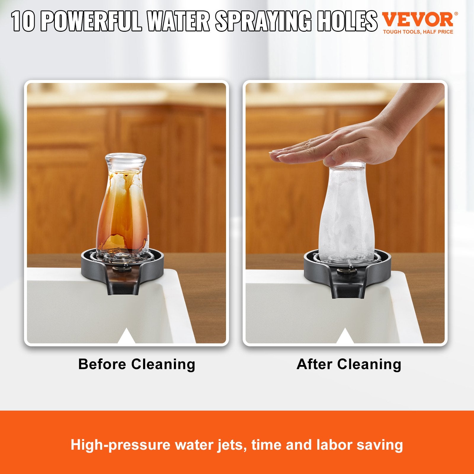 Glass Rinser | 10 Jet Rotating Cup Washer for Sink with ABS Cup Holder | For Baby Bottles, Glasses & Wine Glasses | Black Base