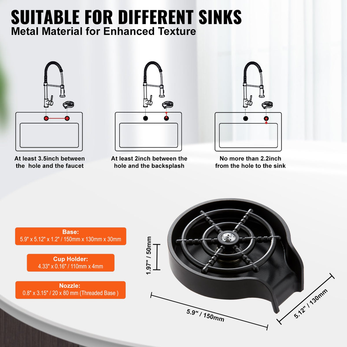 Glass Rinser | 10 Jet Rotating Cup Washer for Sink with ABS Cup Holder | For Baby Bottles, Glasses & Wine Glasses | Black Base