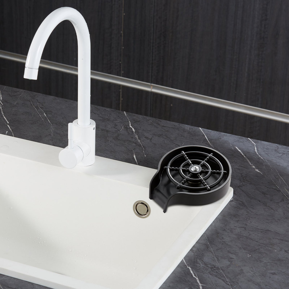 Glass Rinser | 10 Jet Rotating Cup Washer for Sink with ABS Cup Holder | For Baby Bottles, Glasses & Wine Glasses | Black Base
