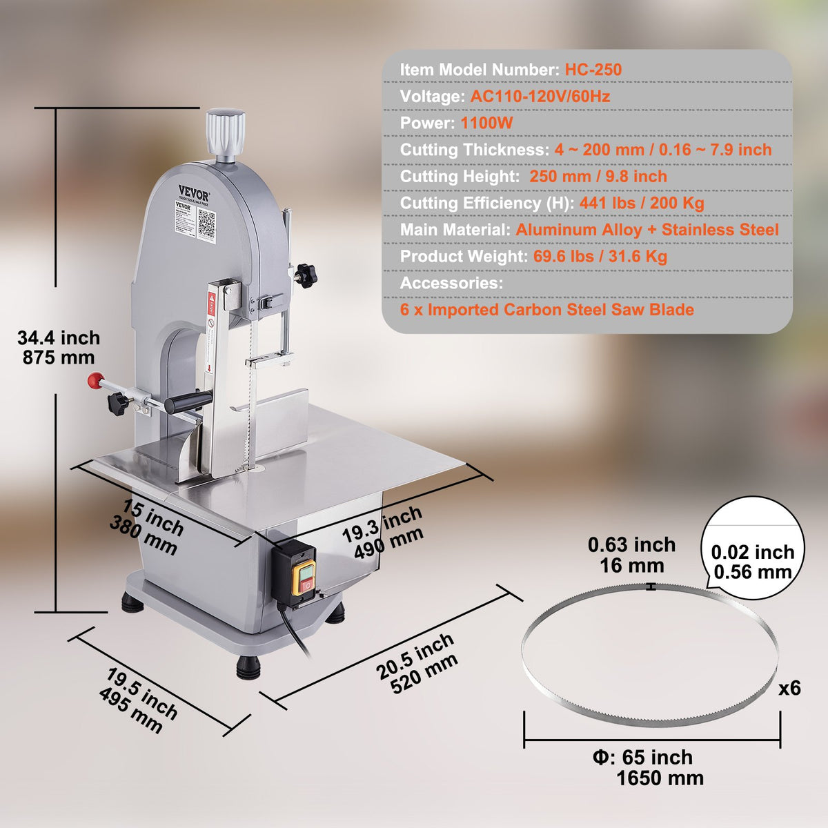 Commercial Meat Bandsaw 1100W | Stainless Steel Bone Saw | Adjustable 4mm-200mm Thickness | 6 Blades