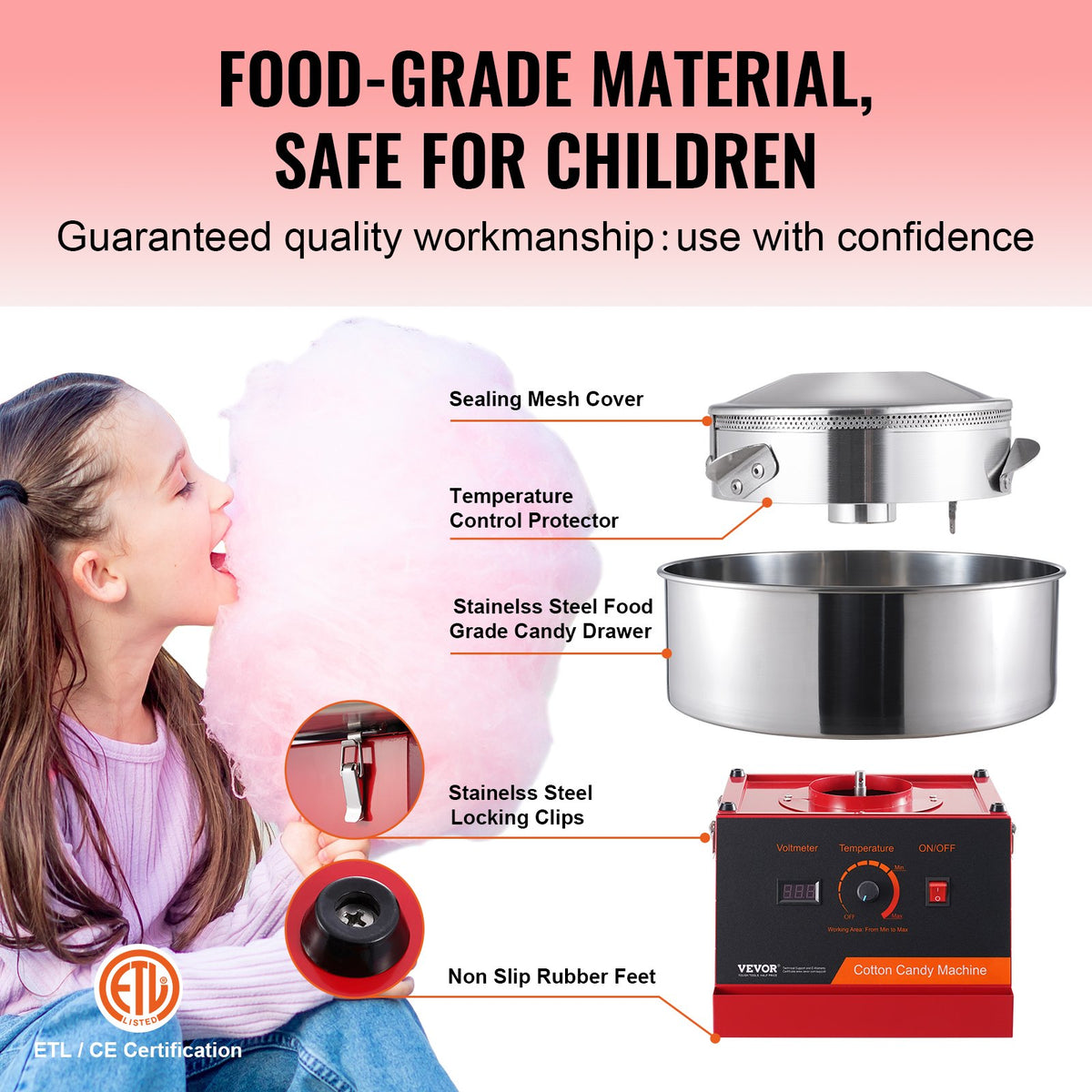 Cotton Candy Machine | 1000W Commercial Candy Floss Maker with Bowl & Scoop | Home & Party Use – Red