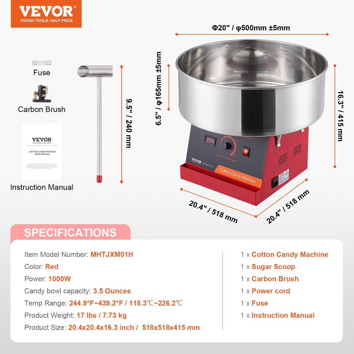 Cotton Candy Machine | 1000W Commercial Candy Floss Maker with Bowl & Scoop | Home & Party Use – Red