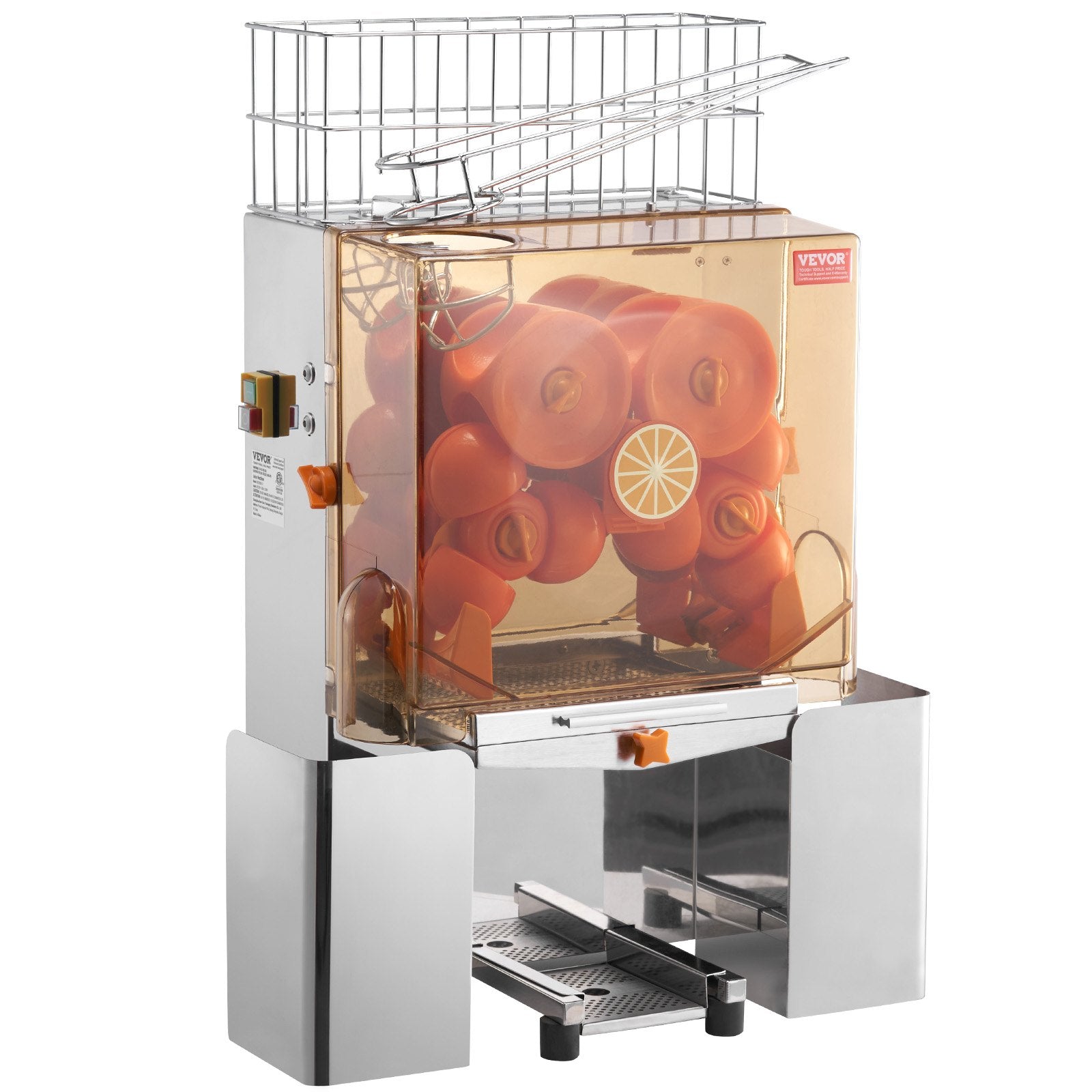 Commercial Orange Juicer Machine | 120W Automatic Juice Extractor | Stainless Steel Squeezer for 20 Oranges Per Minute | Pull-Out Filter Box | PC Cover | 2 Peel Collecting Buckets