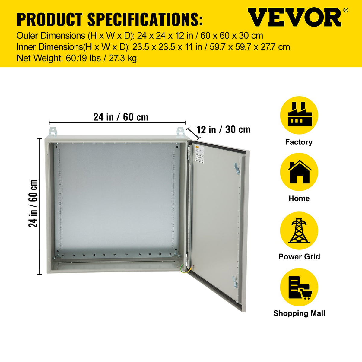 Electrical Enclosure Box | NEMA 4 Outdoor Steel Cabinet | 24"x24"x12" UL Rated