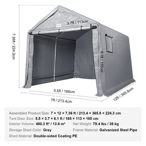 Storage Shelter | 7x12x7.36ft Portable Garage Shed with Zipper Door