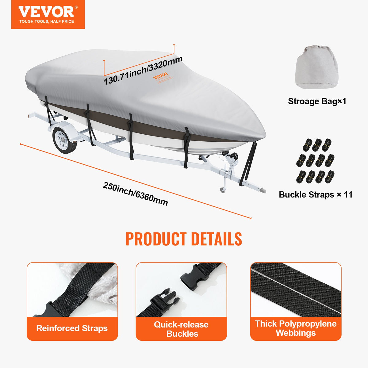 Boat Cover | 600D Waterproof | Fits 16–18.5ft V-Hull & Tri-Hull Runabout Boats