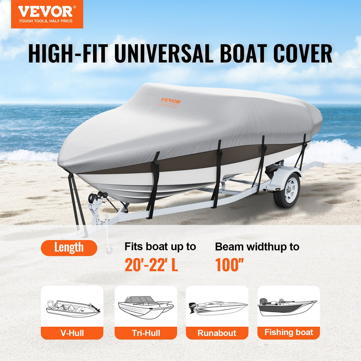 Boat Cover | 600D Waterproof | Fits 20–22ft V-Hull & Tri-Hull Runabout Boats