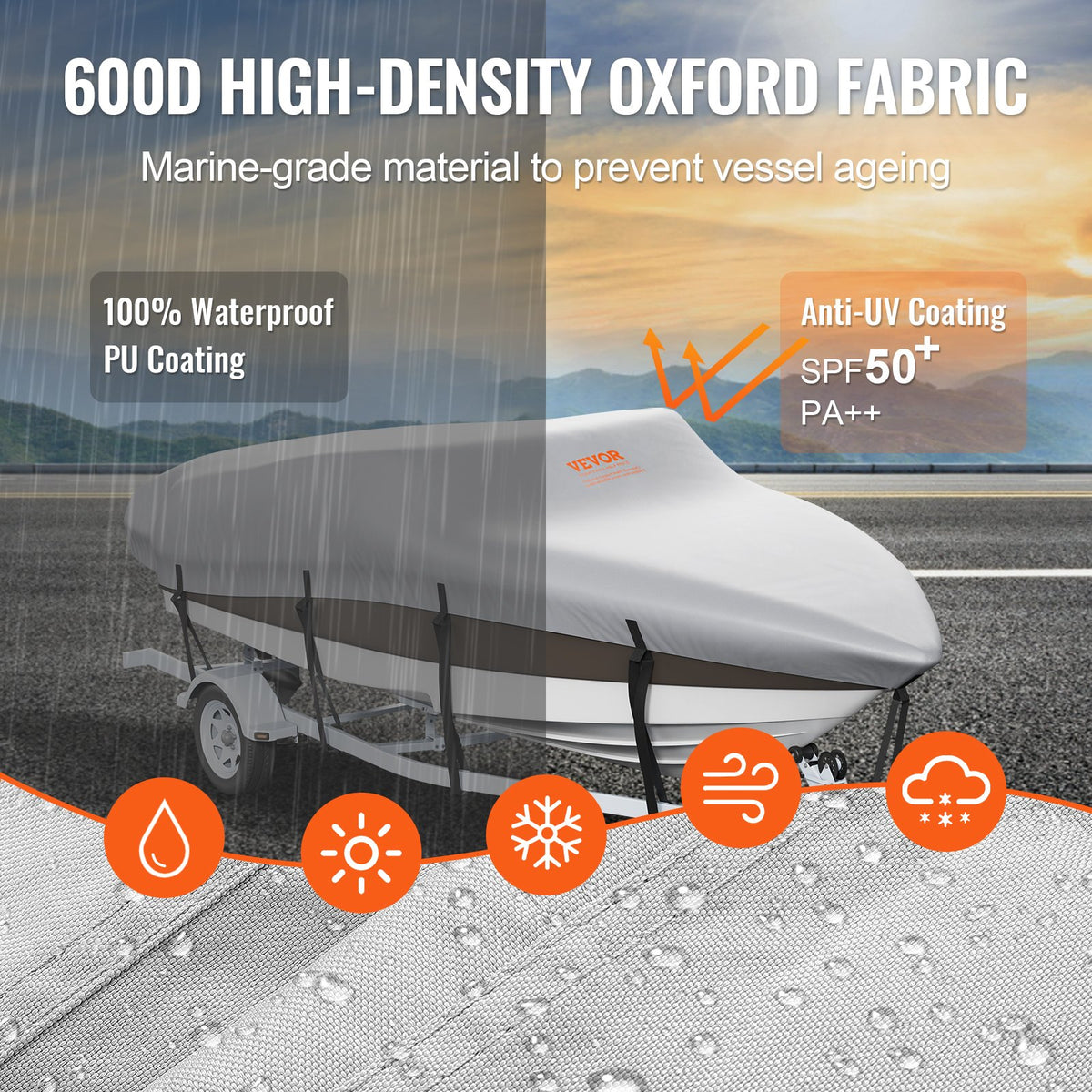 Boat Cover | 600D Waterproof | Fits 20–22ft V-Hull & Tri-Hull Runabout Boats