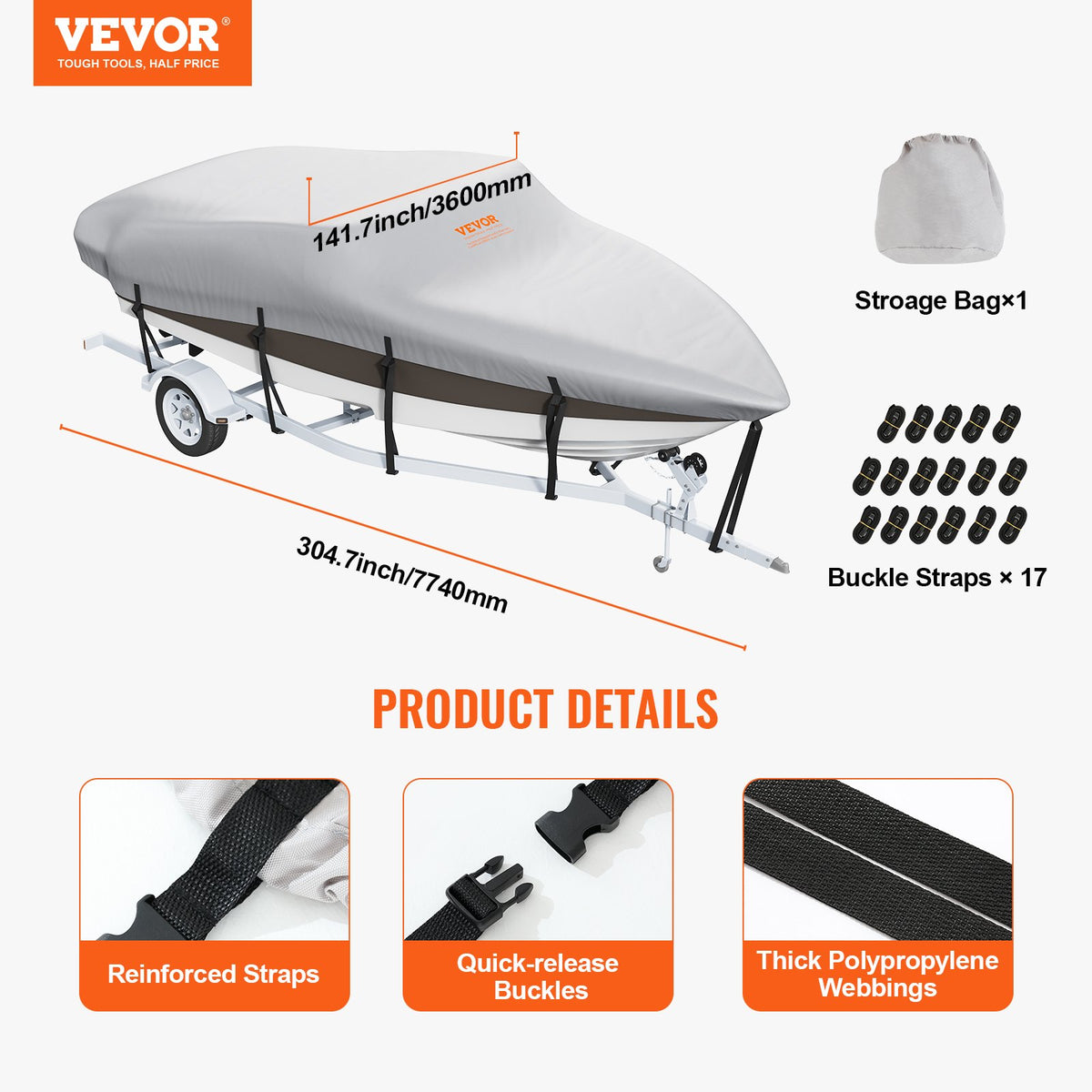 Boat Cover | 600D Waterproof for 23–24ft V-Hull & Tri-Hull Runabout