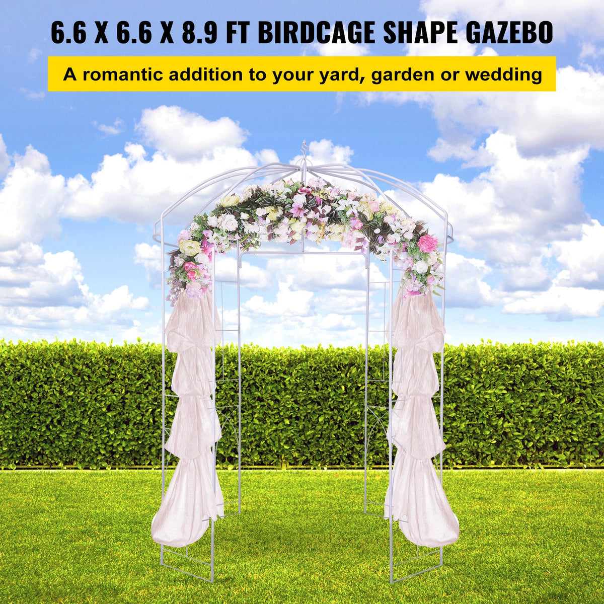 Birdcage Garden Arbor 9ft High x 6.6ft Wide | Heavy Duty Wrought Iron Wedding Arch Trellis | For Climbing Vines in Outdoor Garden, Lawn, Patio | White