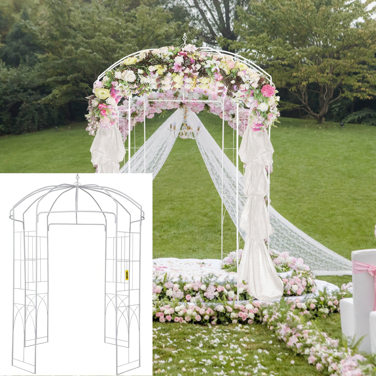 Birdcage Garden Arbor 9ft High x 6.6ft Wide | Heavy Duty Wrought Iron Wedding Arch Trellis | For Climbing Vines in Outdoor Garden, Lawn, Patio | White