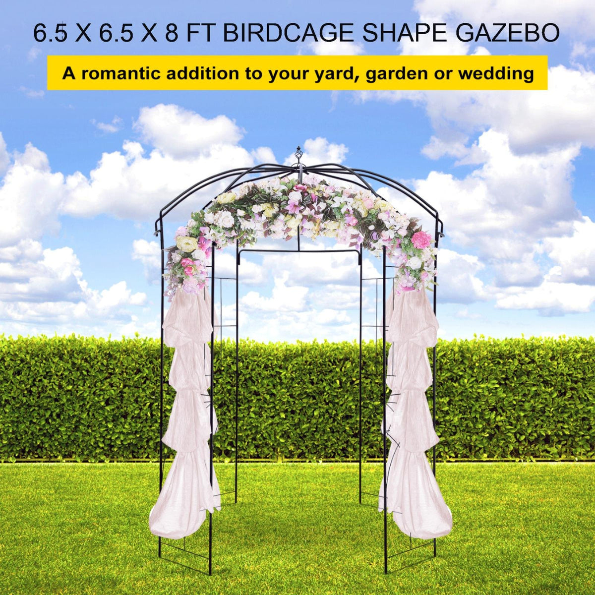 Birdcage Garden Arbor 2.44m High | 1.59m Wide Wrought Iron Wedding Arch Trellis | For Climbing Vines in Garden, Patio & Backyard | Black