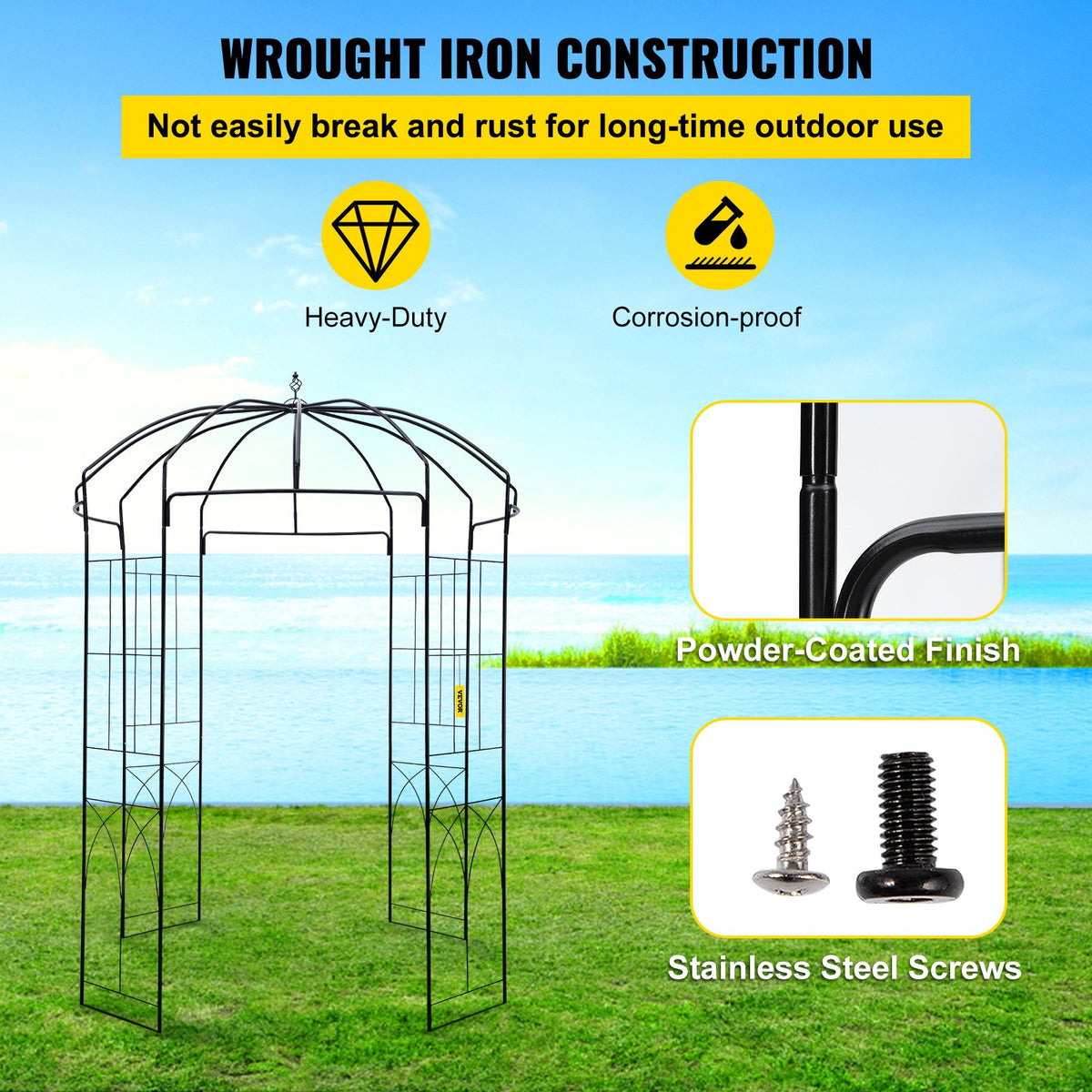 Birdcage Garden Arbor 2.44m High | 1.59m Wide Wrought Iron Wedding Arch Trellis | For Climbing Vines in Garden, Patio & Backyard | Black