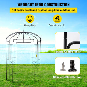 Birdcage Garden Arbor 2.44m High | 1.59m Wide Wrought Iron Wedding Arch Trellis | For Climbing Vines in Garden, Patio & Backyard | Black