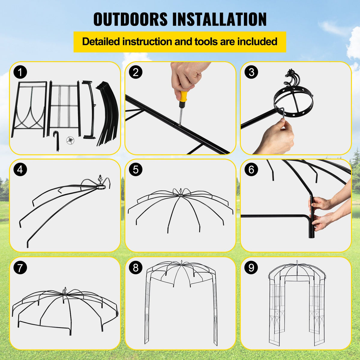Birdcage Garden Arbor 2.44m High | 1.59m Wide Wrought Iron Wedding Arch Trellis | For Climbing Vines in Garden, Patio & Backyard | Black