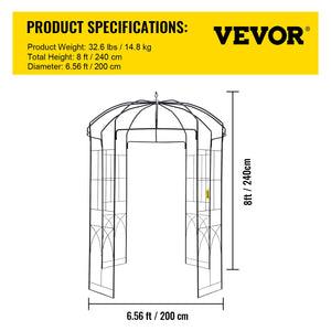 Birdcage Garden Arbor 2.44m High | 1.59m Wide Wrought Iron Wedding Arch Trellis | For Climbing Vines in Garden, Patio & Backyard | Black