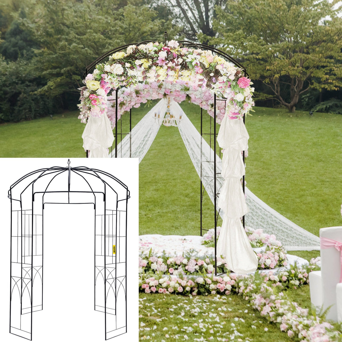 Birdcage Garden Arbor 2.44m High | 1.59m Wide Wrought Iron Wedding Arch Trellis | For Climbing Vines in Garden, Patio & Backyard | Black