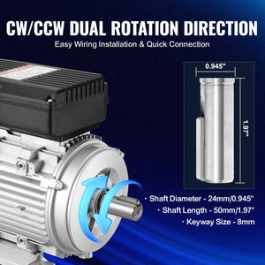Electric Motor 2.2KW 2800RPM | Single Phase AC Motor | 24mm Shaft | CW/CCW Rotation | For Agricultural & Industrial Equipment