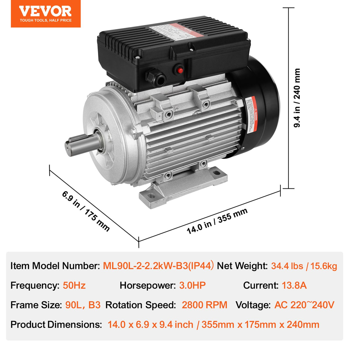Electric Motor 2.2KW 2800RPM | Single Phase AC Motor | 24mm Shaft | CW/CCW Rotation | For Agricultural & Industrial Equipment