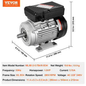 Electric Motor 2.2KW 2800RPM | Single Phase AC Motor with 24mm Shaft | CW/CCW Rotation
