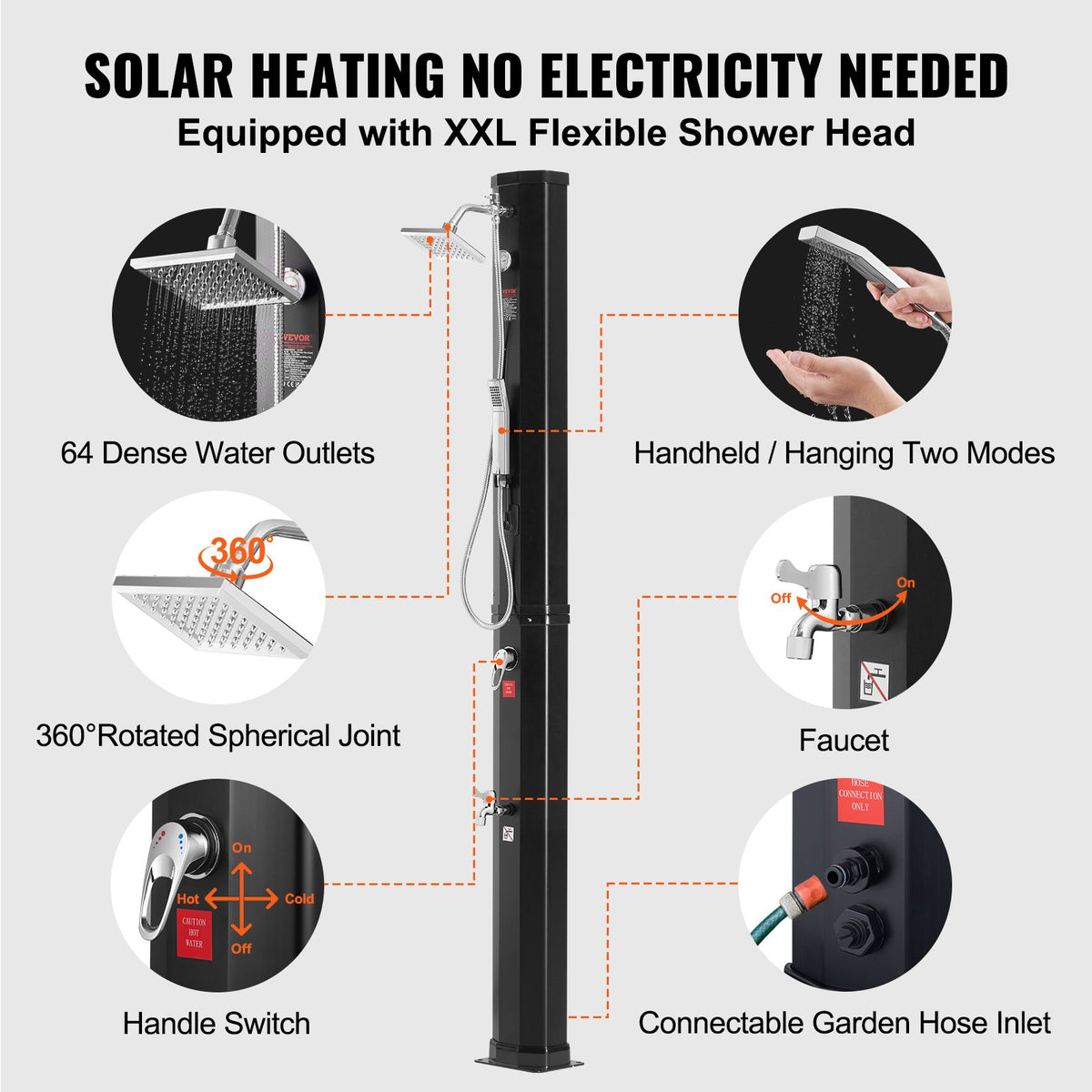 Outdoor Solar Heated Shower 40L | Poolside Kit with Overhead & Foot Shower Tap | Fast Assembly | For Backyard, Pool & Beach