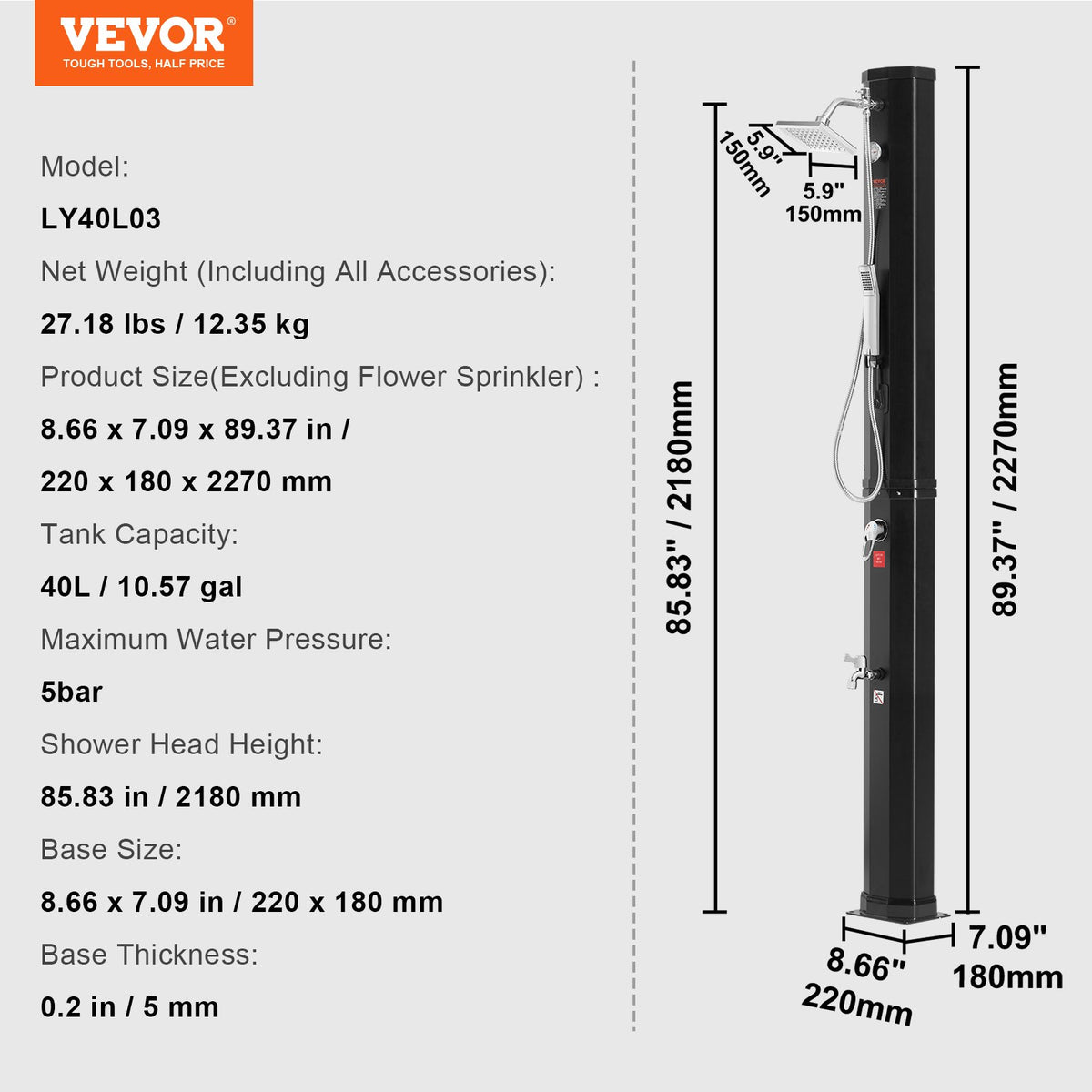 Outdoor Solar Heated Shower 40L | Poolside Kit with Overhead & Foot Shower Tap | Fast Assembly | For Backyard, Pool & Beach