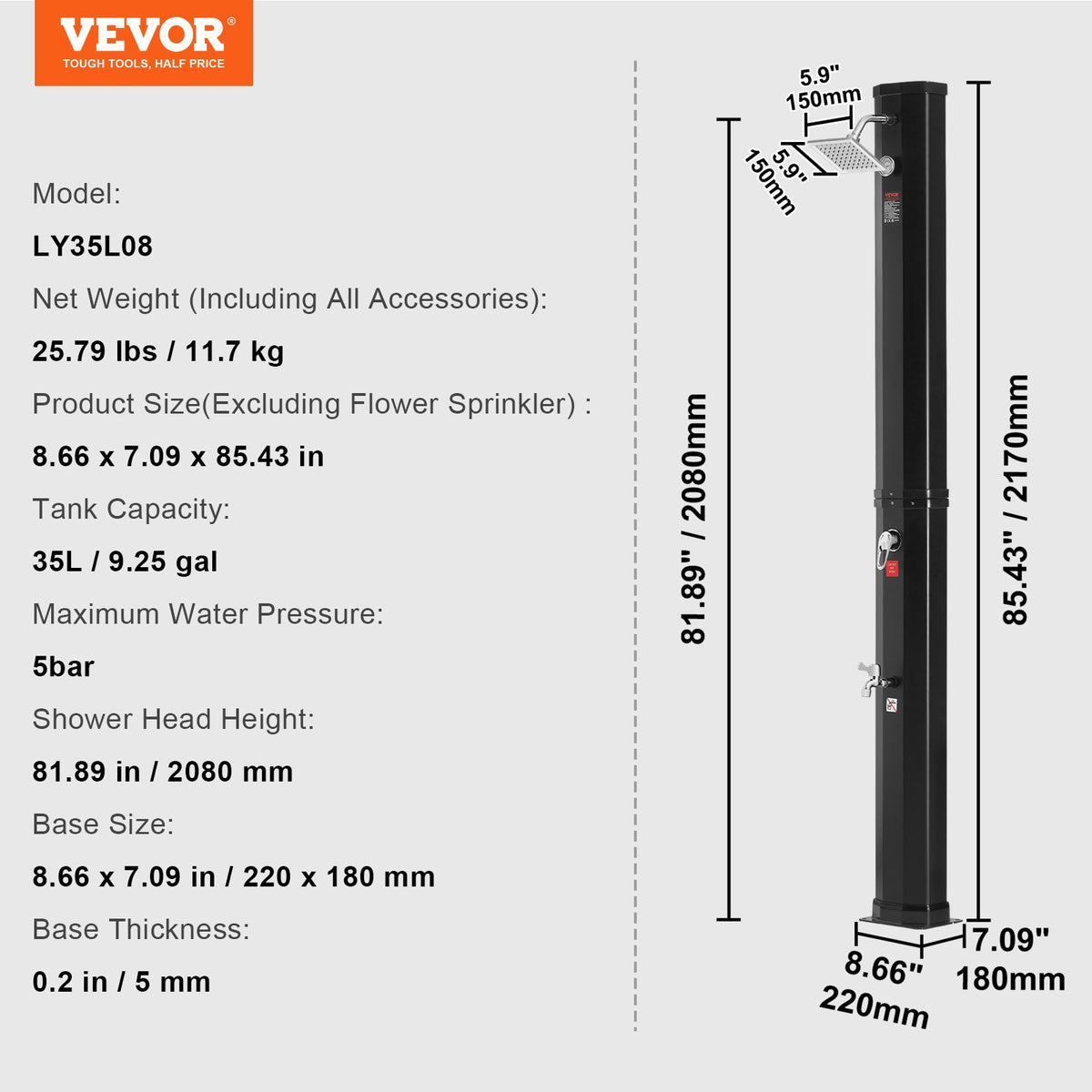 Outdoor Solar Heated Shower 35L | Poolside Shower Kit with Overhead & Foot Tap | Fast Assembly with Pre-Drilled Holes | For Backyard, Pool & Beach
