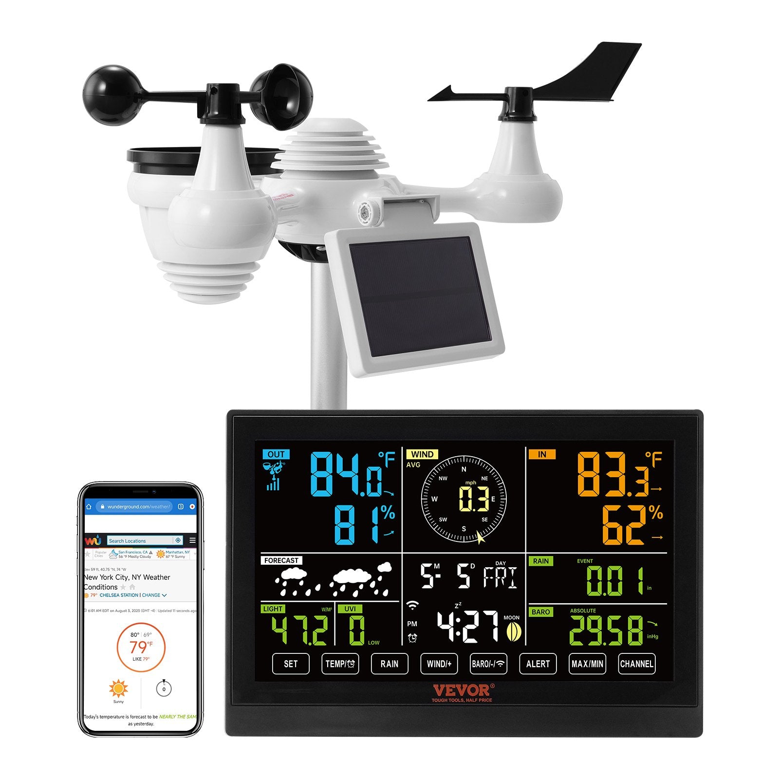 7-in-1 Wi-Fi Weather Station | 7.5" Colour Display | Solar-Powered Wireless Outdoor Sensor | Measures Temperature, Humidity, Wind & Rain with Alerts