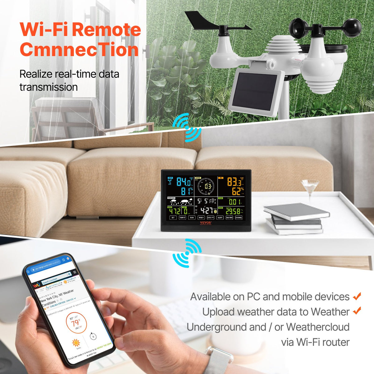 7-in-1 Wi-Fi Weather Station | 7.5" Colour Display | Solar-Powered Wireless Outdoor Sensor | Measures Temperature, Humidity, Wind & Rain with Alerts