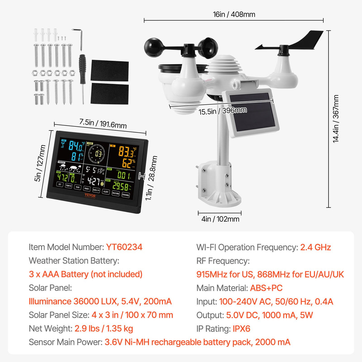 7-in-1 Wi-Fi Weather Station | 7.5" Colour Display | Solar-Powered Wireless Outdoor Sensor | Measures Temperature, Humidity, Wind & Rain with Alerts