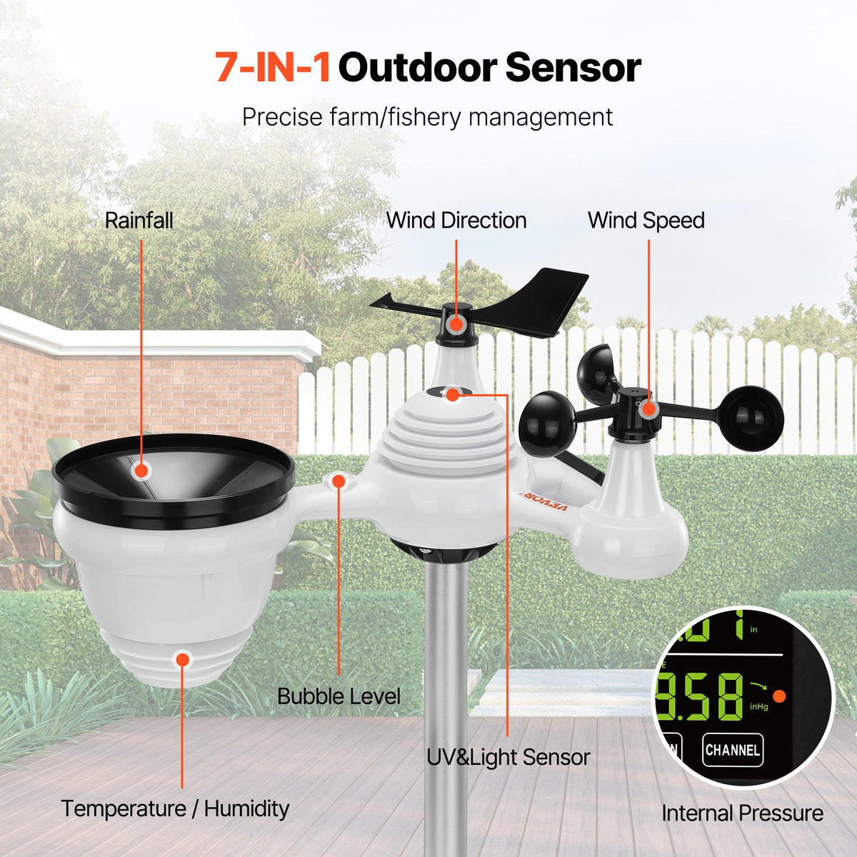 Wireless Weather Station 7-in-1 | Large Color Display | Indoor & Outdoor Data