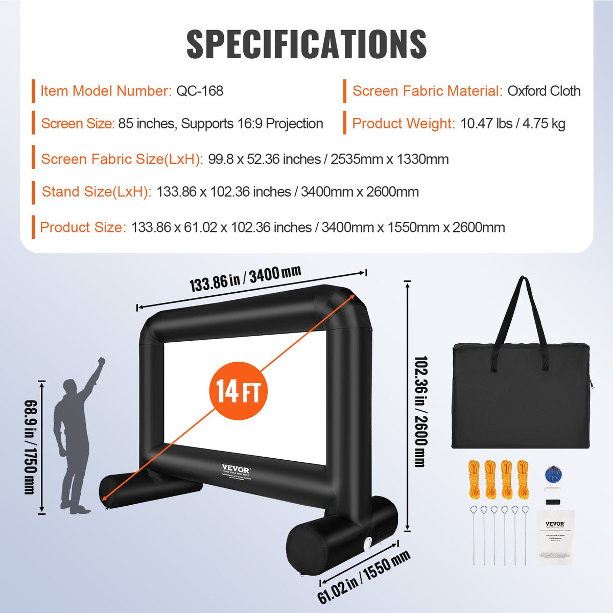 Inflatable Movie Screen | 14ft Outdoor Blow-Up Projector Screen with Blower & Carry Bag | Front/Rear Projection