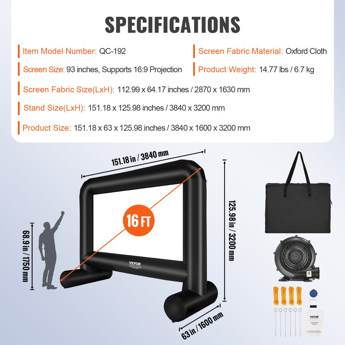 Inflatable Movie Screen | 16ft Outdoor Projector Screen | Front/Rear Projection with Blower & Bag